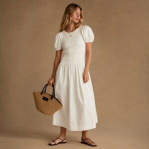 Ganni White Puff Sleeve Smocked Poplin Midi Dress US Sz 8 EU 40